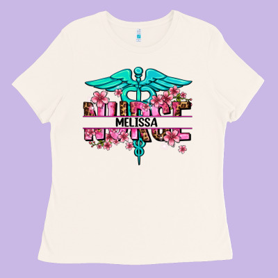 Floral Nurse Custom Name Ladies Tee Designed By Adodesignshop