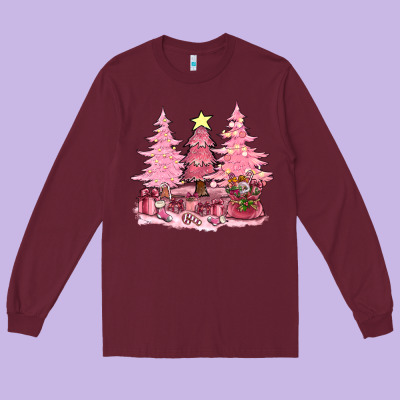 Pink Christmas Trees With Gift Box Bbs Long Sleeve Tee Designed By Bundleandbundleshop