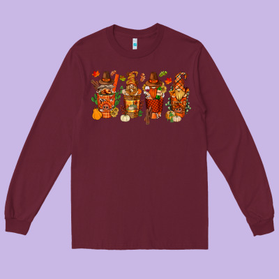 Thanksgiving Coffee Cups With Gnomes Bbs Long Sleeve Tee Designed By Bundleandbundleshop