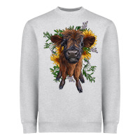 Heather Grey highland cow with sunflower Heavyweight Sweatshirt - RanaPortraitStore