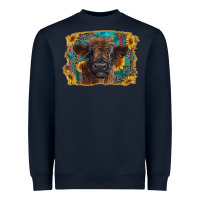 Navy highland cow calf with western background Heavyweight Sweatshirt - RanaPortraitStore