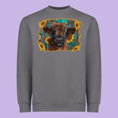 Highland Cow Calf With Western Background Heavyweight Sweatshirt Designed By Ranaportraitstore