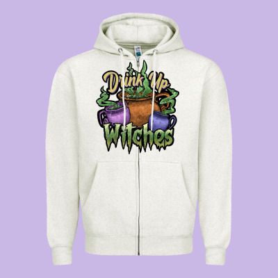 Drink Up Witches White Zipper Hoodie Designed By Jahusdesignshop