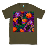 Army Green witchy cat and pumpkins seamless paternal Classic Tee - BundleAndBundleShop