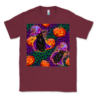 Burgundy witchy cat and pumpkins seamless paternal Classic Tee - BundleAndBundleShop
