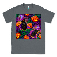 Charcoal Heather witchy cat and pumpkins seamless paternal Classic Tee - BundleAndBundleShop