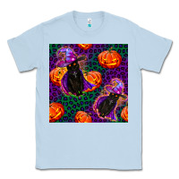Dusty Blue witchy cat and pumpkins seamless paternal Classic Tee - BundleAndBundleShop