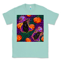 Seafoam witchy cat and pumpkins seamless paternal Classic Tee - BundleAndBundleShop