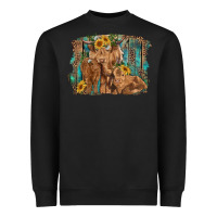 Black highland cow family cattle and calf with sunflower and turquoise backg Heavyweight Sweatshirt - RanaPortraitStore