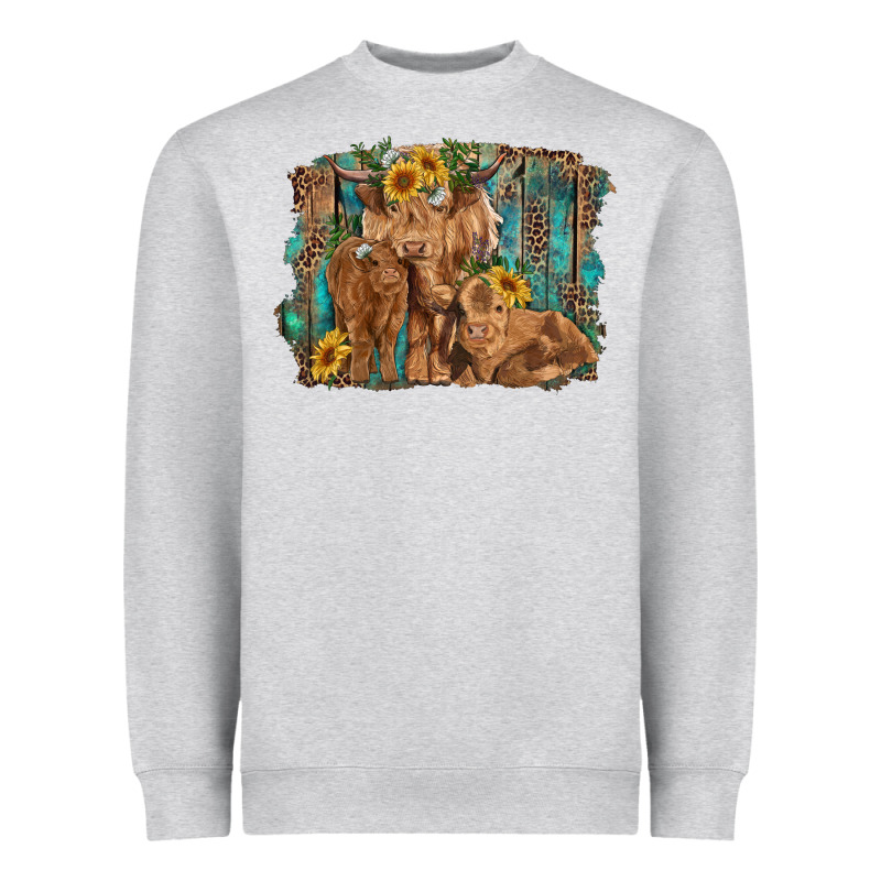 Highland Cow Family Cattle And Calf With Sunflower And Turquoise Backg Heavyweight Sweatshirt by RanaPortraitStore | Teevron