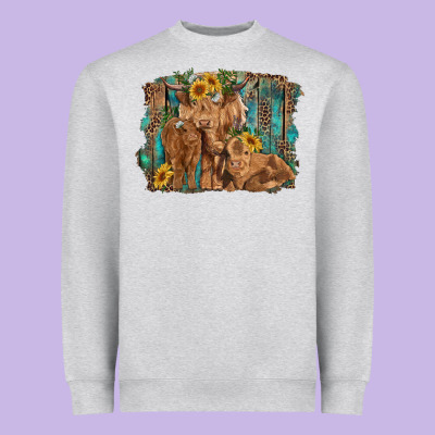 Highland Cow Family Cattle And Calf With Sunflower And Turquoise Backg Heavyweight Sweatshirt Designed By Ranaportraitstore