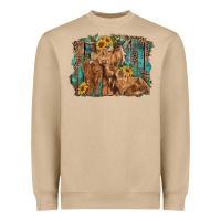 Mushroom highland cow family cattle and calf with sunflower and turquoise backg Heavyweight Sweatshirt - RanaPortraitStore