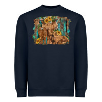 Navy highland cow family cattle and calf with sunflower and turquoise backg Heavyweight Sweatshirt - RanaPortraitStore