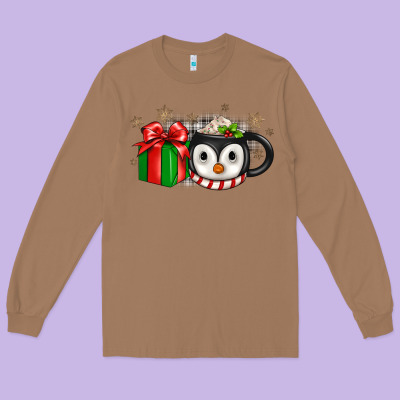 Christmas Penguin Coffee Long Sleeve Tee Designed By Jahusdesignshop