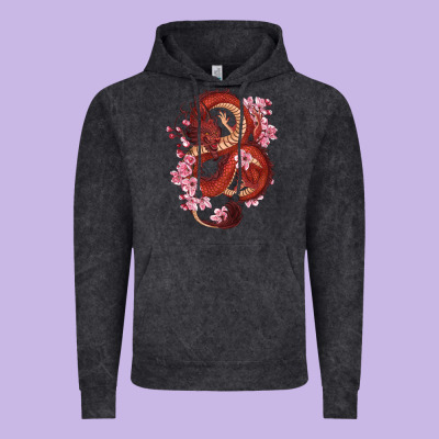 Vintage Hoodie red dragon and sakura cherry blossoms