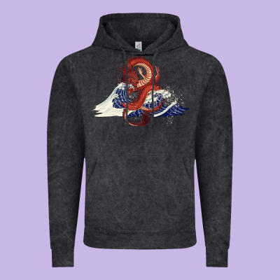 Vintage Hoodie asian dragon and ocean waves