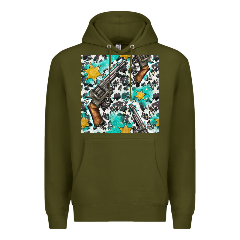 Western Gun And Sheriff Stars With Cowhide Seamless Pattern Premium Hoodie by BundleAndBundleShop | Teevron