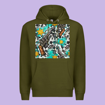 Western Gun And Sheriff Stars With Cowhide Seamless Pattern Premium Hoodie Designed By Bundleandbundleshop