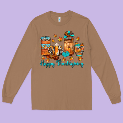 Happy Thanksgiving Coffee Long Sleeve Tee Designed By Jahusdesignshop