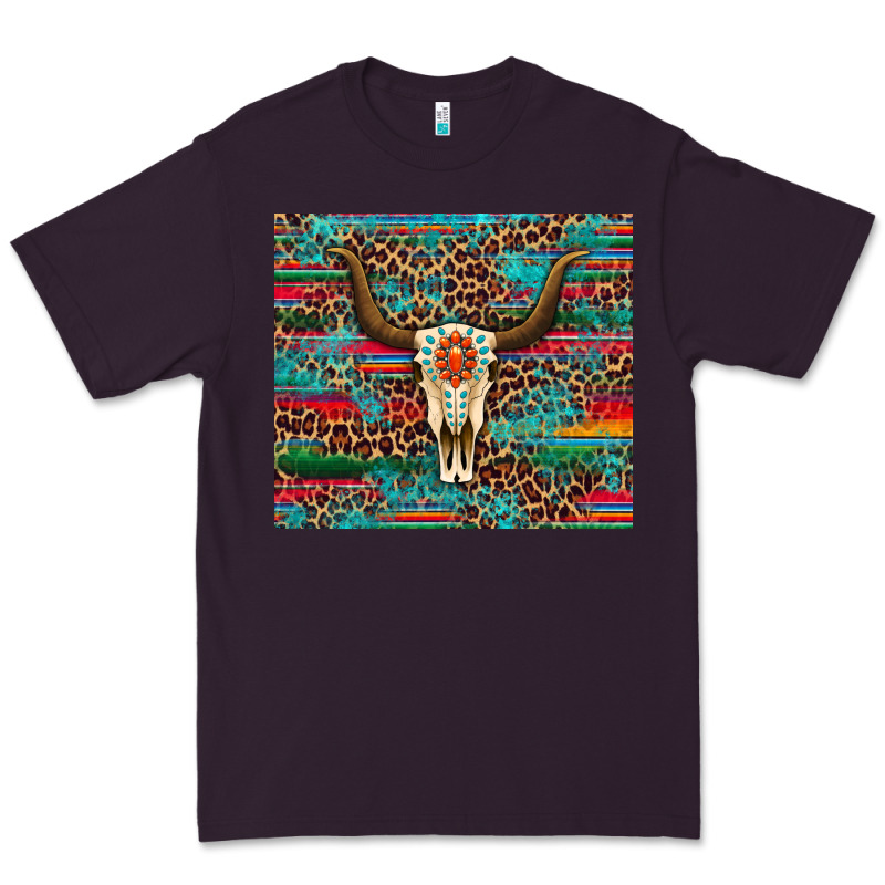Western Serape Leopard Bull Skull Turquoise Premium Tee by Artiststas | Teevron