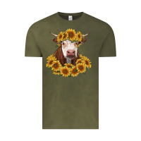 Vintage Olive hereford cow with sunflowers Vintage Tee - RanaPortraitStore