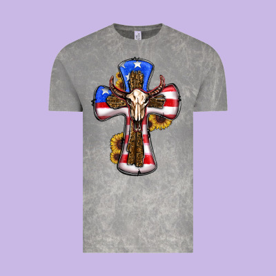 American Flag Cross Cow Skull Sunflowers Vintage Tee Designed By Ranaportraitstore