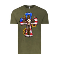 Vintage Olive american flag cross cow skull sunflowers Vintage Tee - RanaPortraitStore