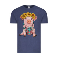 Vintage Denim sunflower pig with gemstone Vintage Tee - RanaPortraitStore