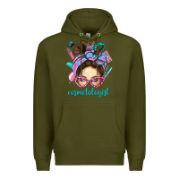 Army Green Messy Bun Cosmetologist Bbs Premium Hoodie - BundleAndBundleShop
