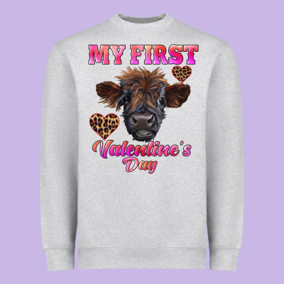 My First Valentine's Day Highland Calf Heavyweight Sweatshirt Designed By Ranaportraitstore