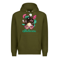 Army Green Esthetician Messy Bun With Pink Leopard Glasses Bbs Premium Hoodie - BundleAndBundleShop