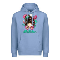 Colony Blue Esthetician Messy Bun With Pink Leopard Glasses Bbs Premium Hoodie - BundleAndBundleShop