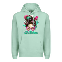 Seafoam Esthetician Messy Bun With Pink Leopard Glasses Bbs Premium Hoodie - BundleAndBundleShop