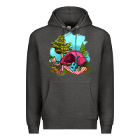 Charcoal Heather Glamping Camp And Pink Tent Premium Hoodie - BundleAndBundleShop
