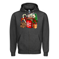 Charcoal Heather Christmas hot chocolate cup with gift and letters Zipper Hoodie - AdoDesignShop