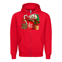 Red Christmas hot chocolate cup with gift and letters Zipper Hoodie - AdoDesignShop