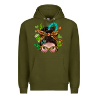 Army Green Western  Messy Bun With Cactus Premium Hoodie - BundleAndBundleShop