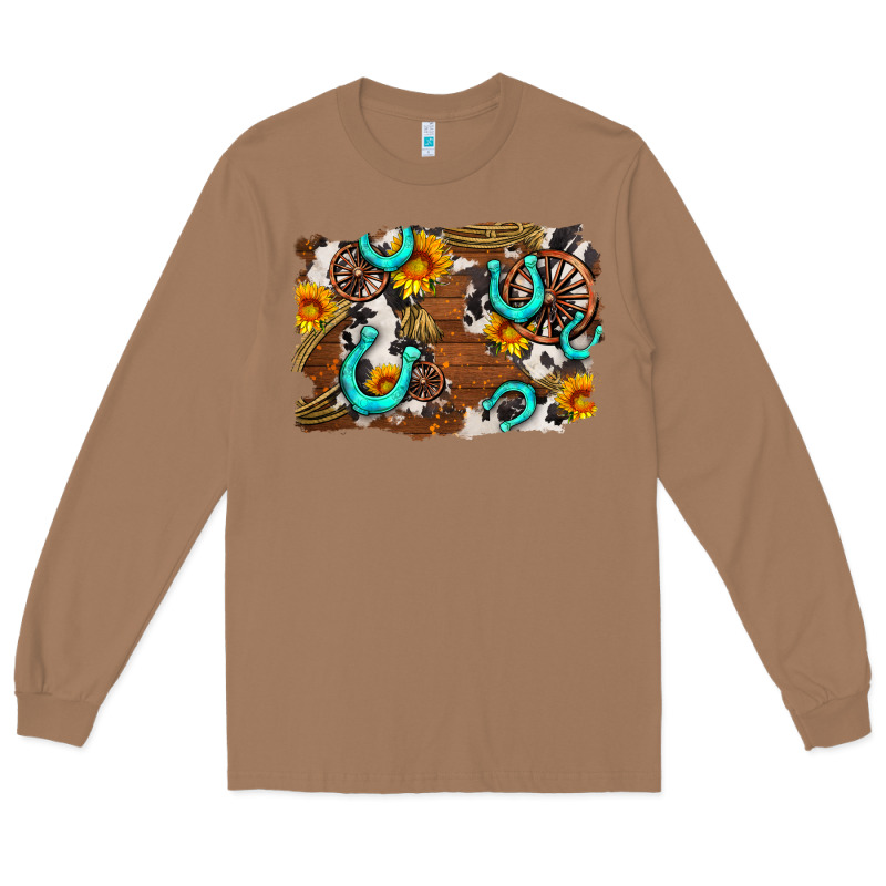 Western Cowhide Horseshoe Sunflower Background Long Sleeve Tee by AdoDesignShop | Teevron