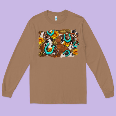 Western Cowhide Horseshoe Sunflower Background Long Sleeve Tee Designed By Adodesignshop