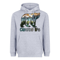 Heather Grey camping bear Heavyweight Hoodie - MaliasSmallBusiness