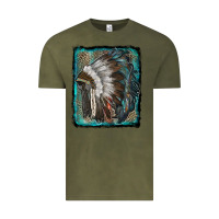 Vintage Olive indian feather headdress with leopard background Vintage Tee - RanaPortraitStore