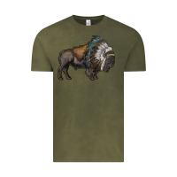 Vintage Olive bison with indian headdress Vintage Tee - RanaPortraitStore
