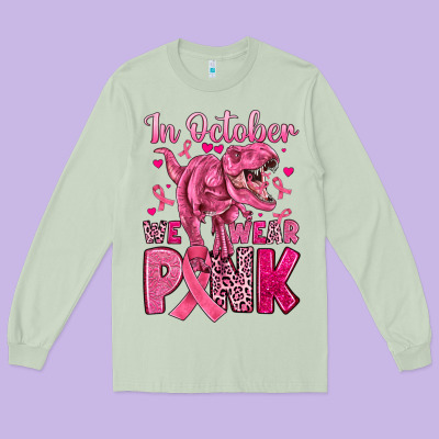 In October We Wear Pink Dinosaur Long Sleeve Tee Designed By Jahusdesignshop