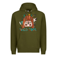 Army Green Western İndian Wild Soul With Braid Hair Woman Premium Hoodie - BundleAndBundleShop