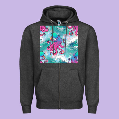 Ocean Waves Octopus Seamless Pattern Zipper Hoodie Designed By Bundleandbundleshop