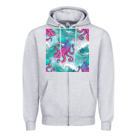 Heather Grey ocean waves octopus seamless pattern Zipper Hoodie - BundleAndBundleShop