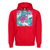 Red ocean waves octopus seamless pattern Zipper Hoodie - BundleAndBundleShop
