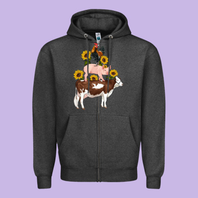 Western Farm Life Cow Pig Rooster With Sunflowers Zipper Hoodie Designed By Artiststas