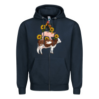 Navy western farm life cow pig rooster with sunflowers Zipper Hoodie - Artiststas