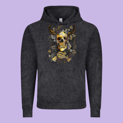 Vintage Hoodie Bull Human Skull With Gold Roses